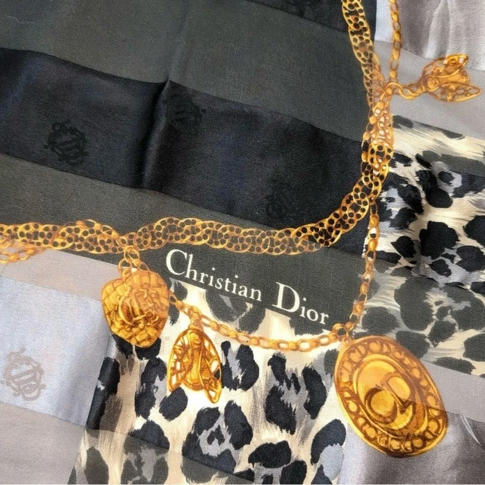 Dior Vintage Black and Gold Animal Print Scarf